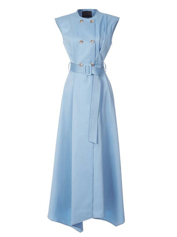 Double-Breasted Trench-Inspired Maxi Dress with Structured Shoulder Caps