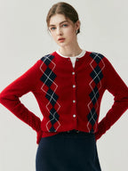 100% Cashmere Sweater Women O-neck Cardigan Autumn Winter Retro Argyle Classic Long Sleeve Soft Cashmere Knitwear Clothing Tops