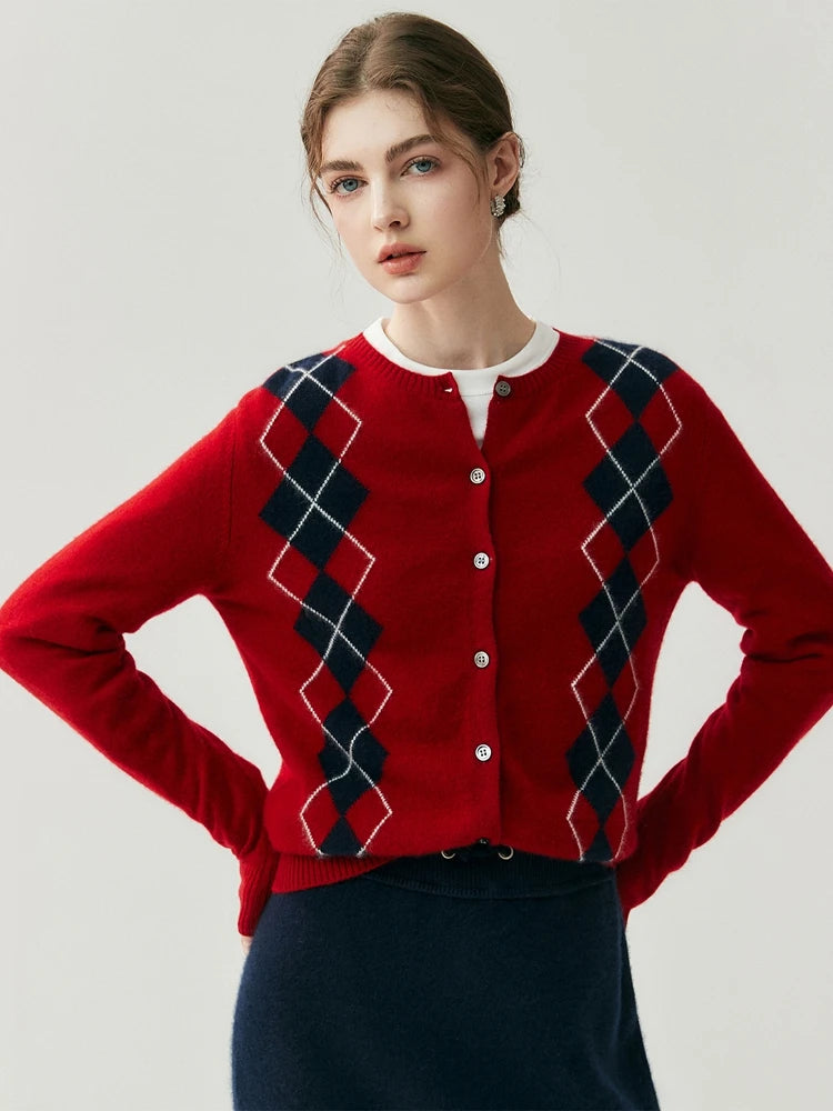 100% Cashmere Sweater Women O-neck Cardigan Autumn Winter Retro Argyle Classic Long Sleeve Soft Cashmere Knitwear Clothing Tops
