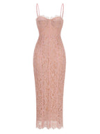 Corset-Detail Cami Midi Dress in Structured Floral Lace