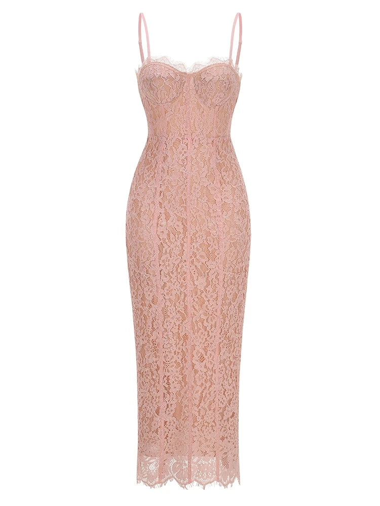 Corset-Detail Cami Midi Dress in Structured Floral Lace