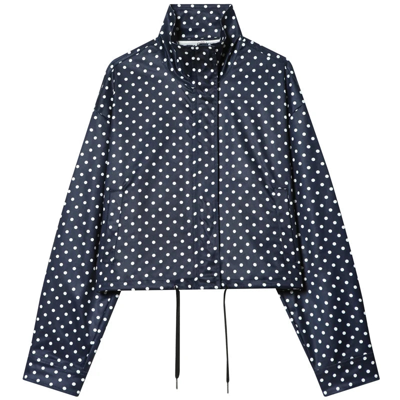 High-Neck Cropped Bomber Jacket with Adjustable Drawstring