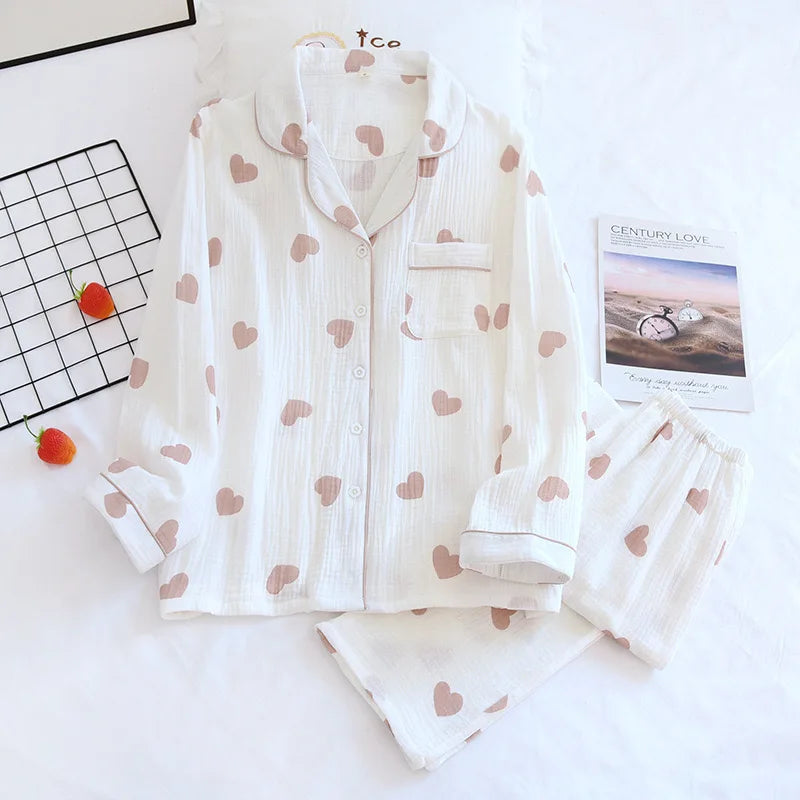 Button-through pyjama set with long-sleeve shirt and straight-leg trousers