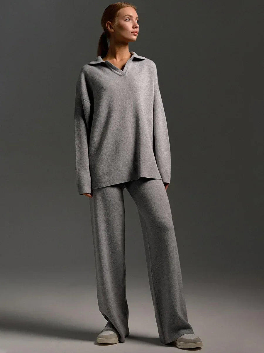 Taupe Oversized Knit Jumper & Wide-Leg Trousers Loungewear Set