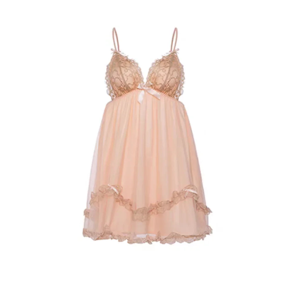 Sheer Mesh and Lace Chemise with Ruffled Tiered Hem