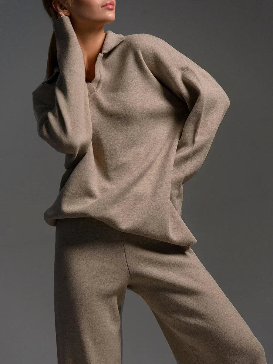 Taupe Oversized Knit Jumper & Wide-Leg Trousers Loungewear Set