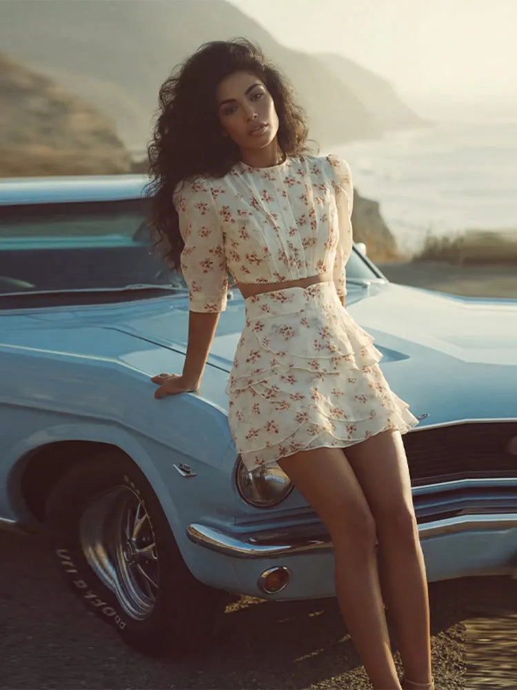 Printed Short-Sleeve Blouse and Mini Skirt Set