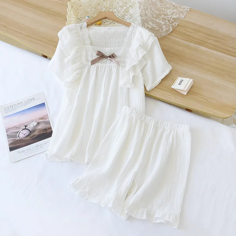 Women’s Short Pyjama Set (2-Piece) – Ruffle-Trim Top with Bow Detail & Elasticated Waist Shorts