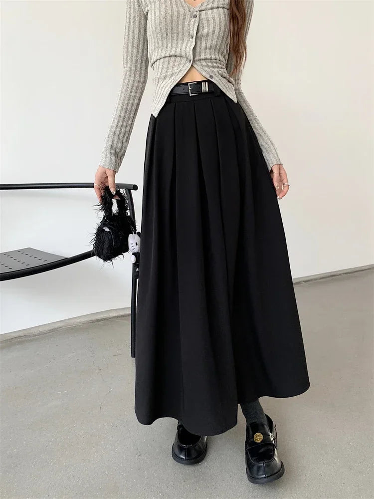 2024 New Korean Skirt Women Solid Color Versatile Mid-length Pleated Skirt Large Swing Type Skirt Female Long Skirts for Women
