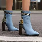 Ankle Boots Snakeskin-Trim Block Heel