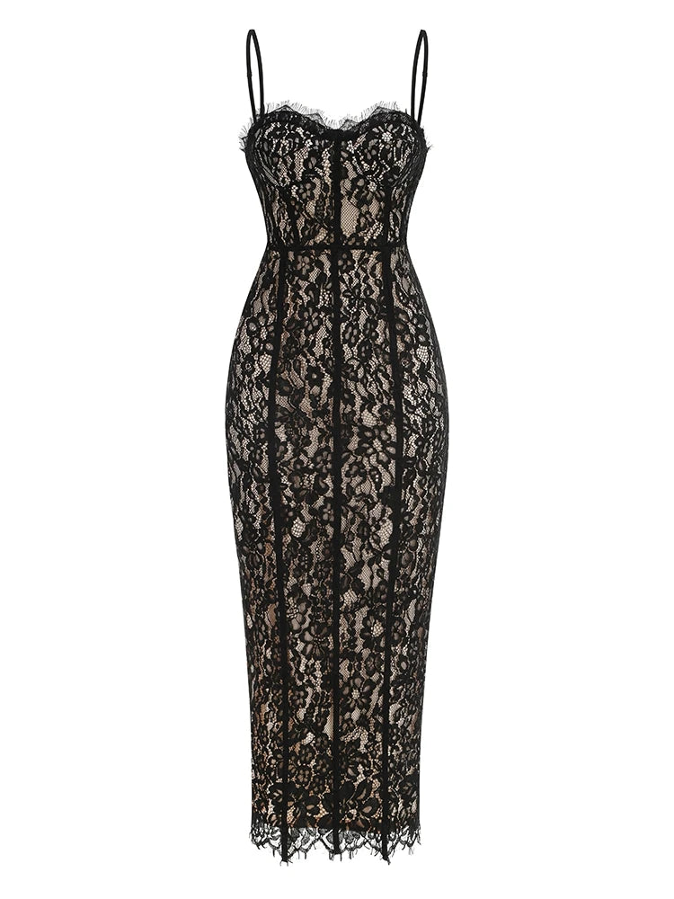Corset-Detail Cami Midi Dress in Structured Floral Lace