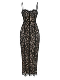 Corset-Detail Cami Midi Dress in Structured Floral Lace