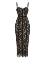 Corset-Detail Cami Midi Dress in Structured Floral Lace