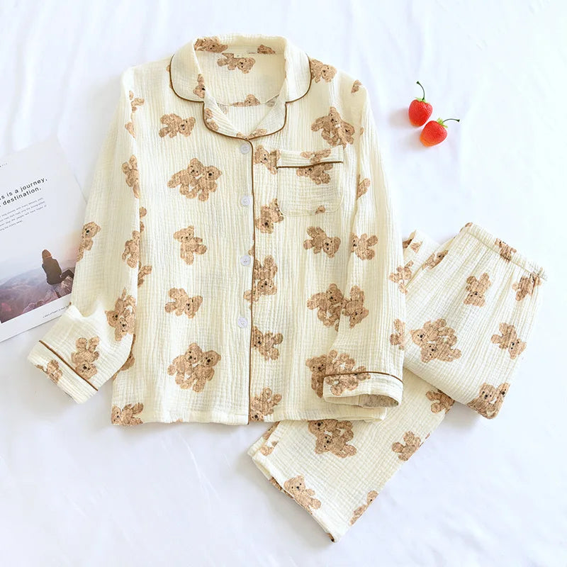 Button-through pyjama set with long-sleeve shirt and straight-leg trousers