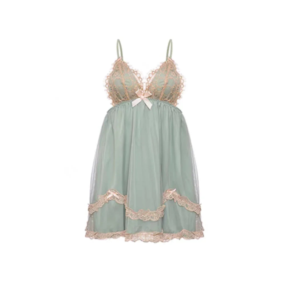 Sheer Mesh and Lace Chemise with Ruffled Tiered Hem