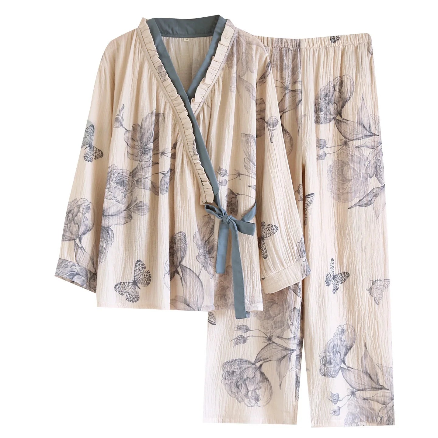 Women’s Wrap Pyjama Set – Kimono-Style Top & Full-Length Trousers