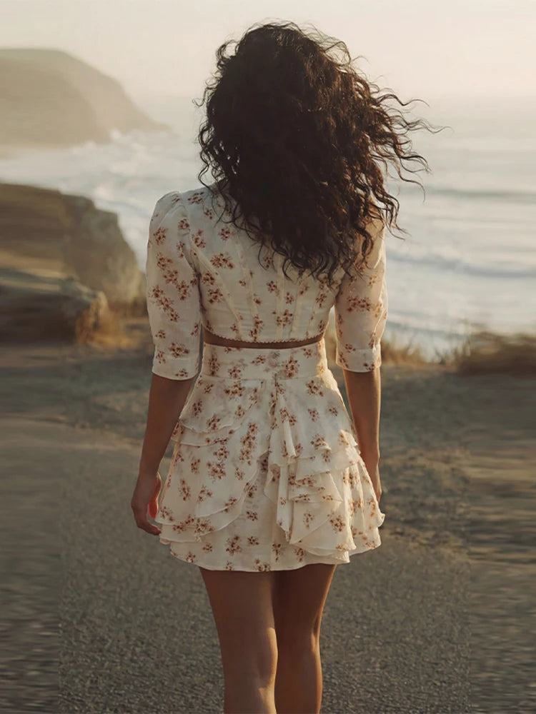 Printed Short-Sleeve Blouse and Mini Skirt Set