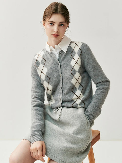 100% Cashmere Sweater Women O-neck Cardigan Autumn Winter Retro Argyle Classic Long Sleeve Soft Cashmere Knitwear Clothing Tops