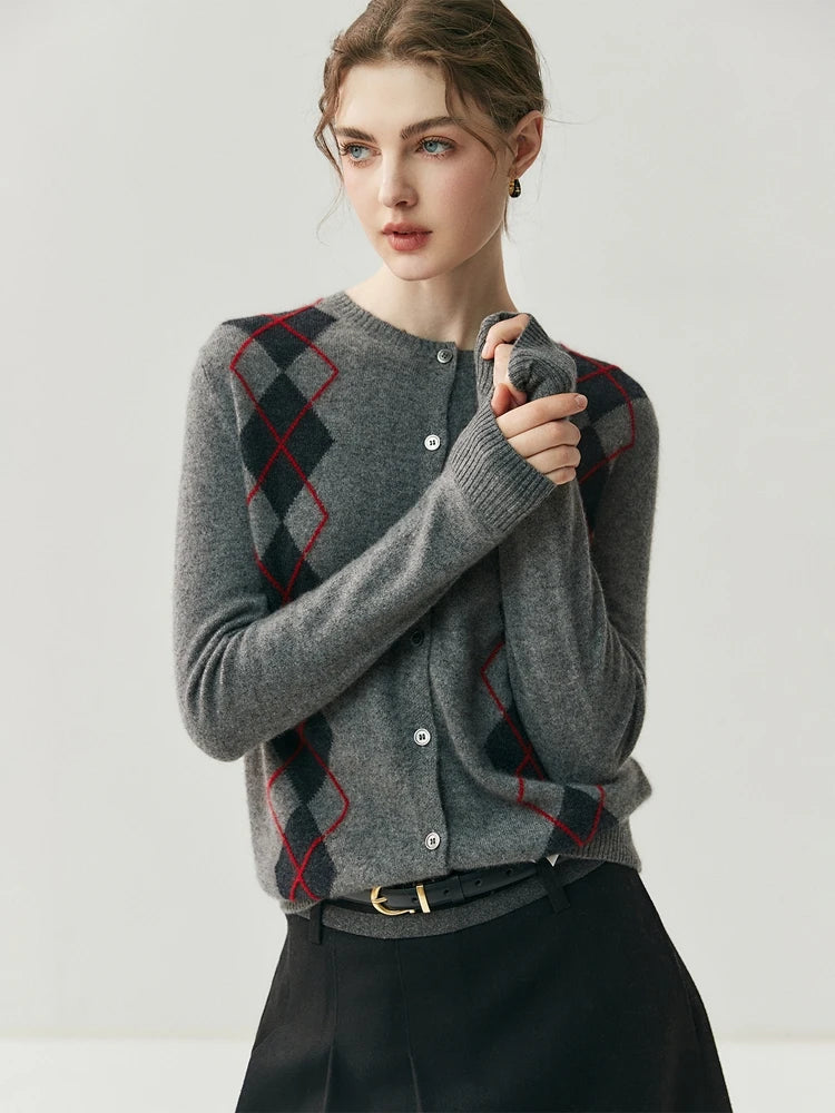 100% Cashmere Sweater Women O-neck Cardigan Autumn Winter Retro Argyle Classic Long Sleeve Soft Cashmere Knitwear Clothing Tops