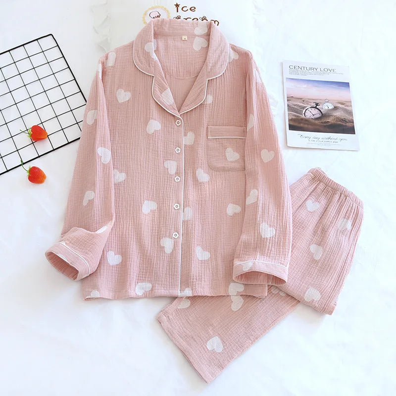 Button-through pyjama set with long-sleeve shirt and straight-leg trousers