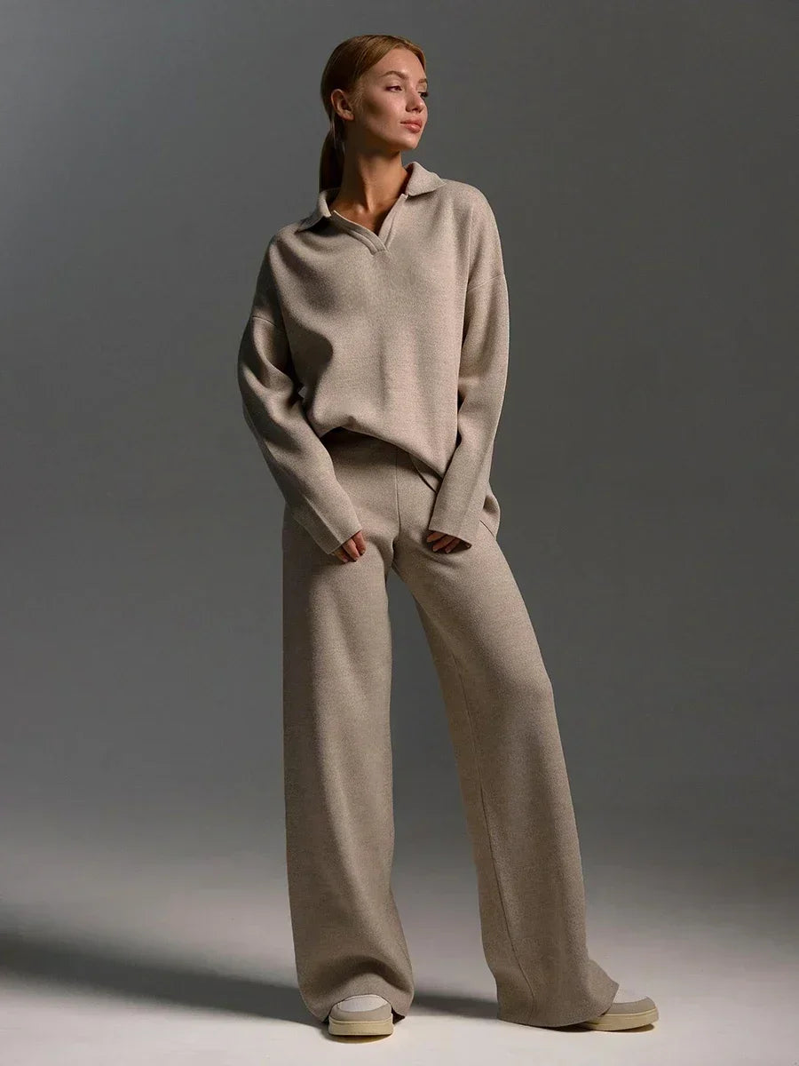 Taupe Oversized Knit Jumper & Wide-Leg Trousers Loungewear Set