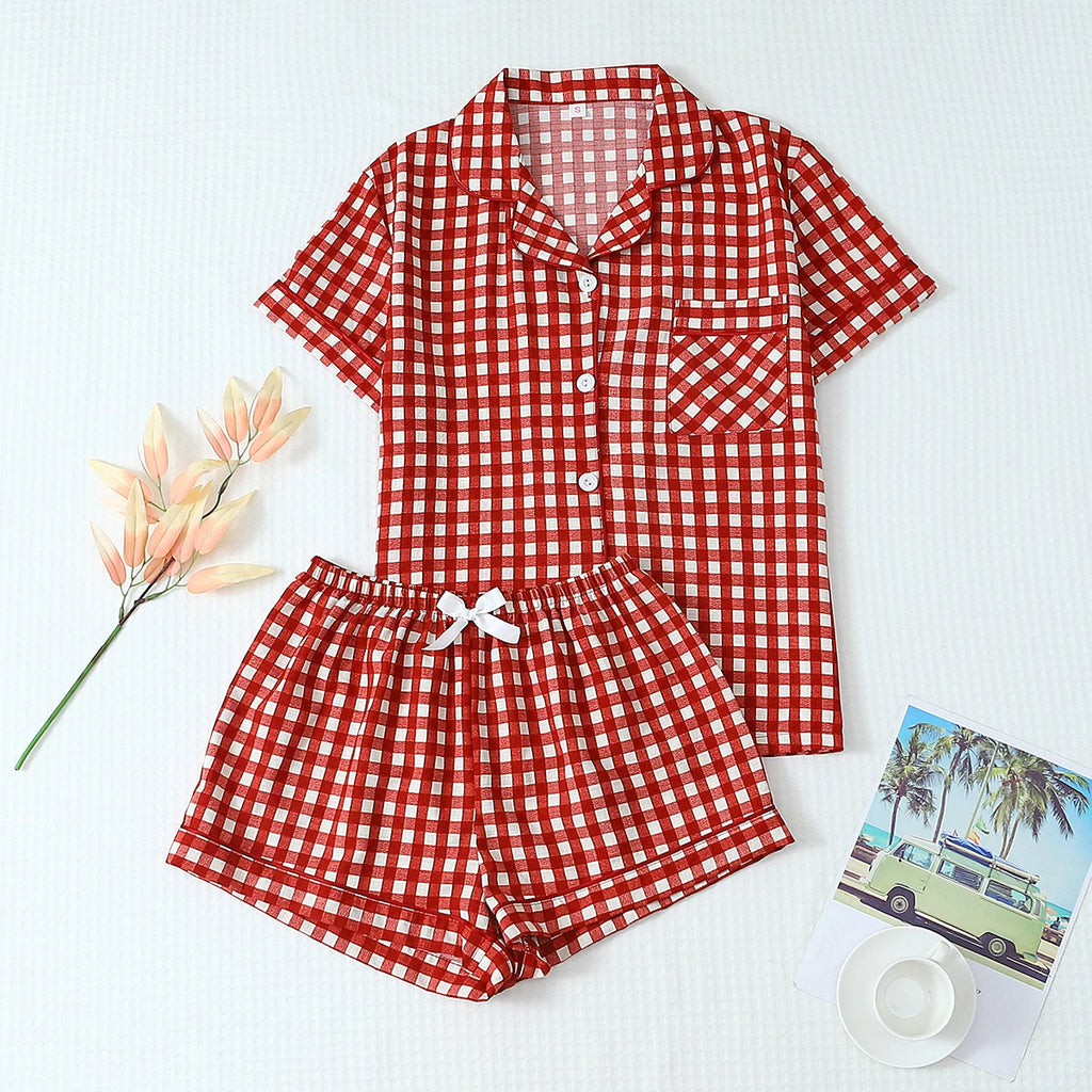 Women’s Short Pyjama Set (2-Piece) – Button-Through Short Sleeve Shirt & Tie-Waist Shorts