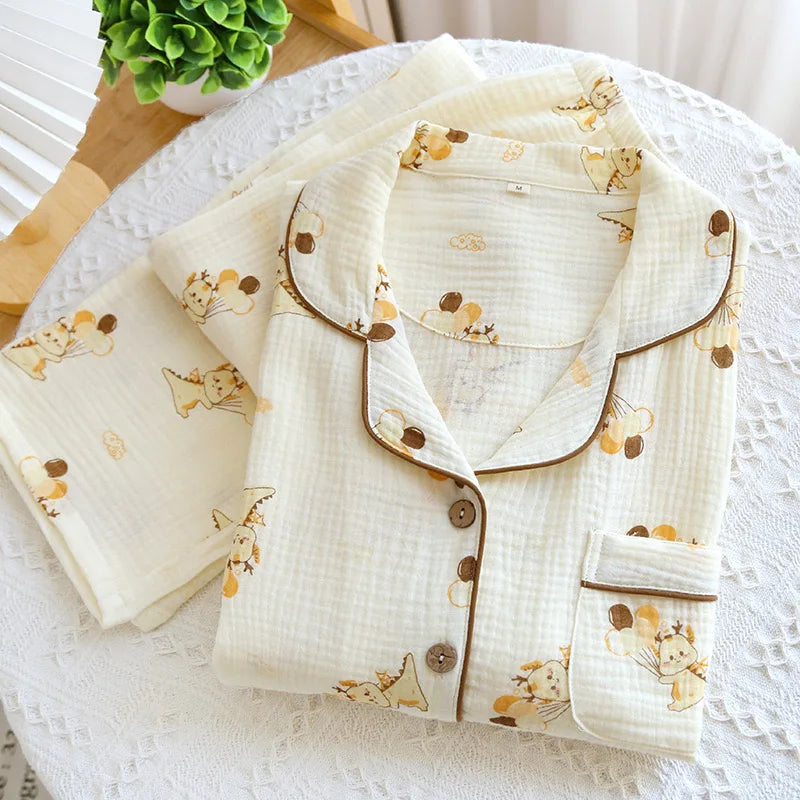 Button-through pyjama set with long-sleeve shirt and straight-leg trousers