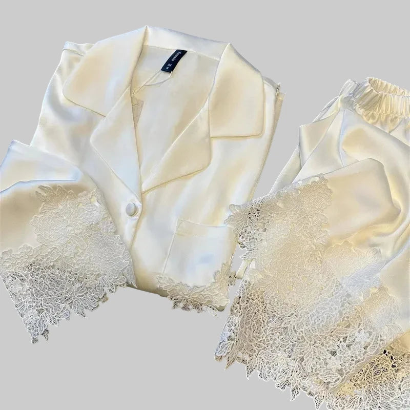 Satin-look pyjama set with button-through shirt and lace-trim trousers