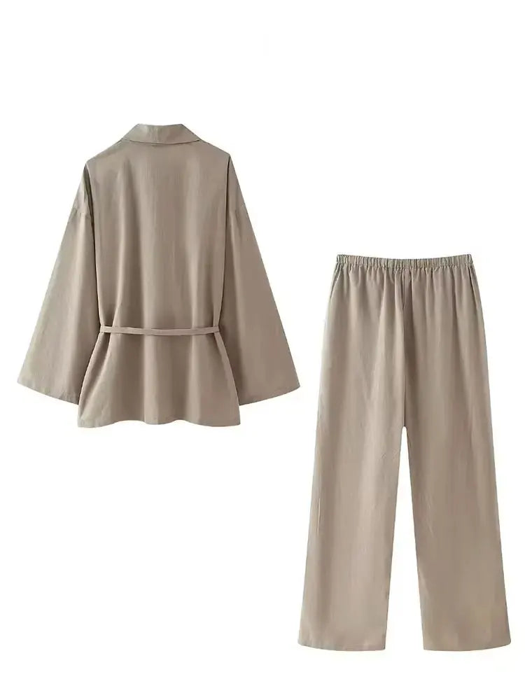 Belted Wrap Shirt and Wide-Leg Trouser Set