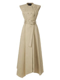 Double-Breasted Trench-Inspired Maxi Dress with Structured Shoulder Caps