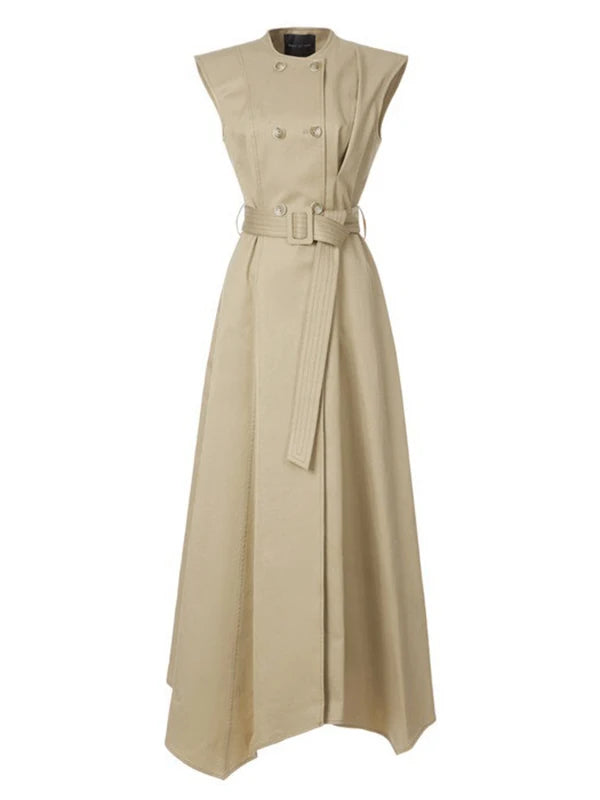 Double-Breasted Trench-Inspired Maxi Dress with Structured Shoulder Caps