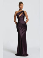 One-shoulder Ruched Satin Maxi Dress Women Elegant Sleeveless Cutout Waist-cinching Flowy Dresses Summer Lady Evening Vestido