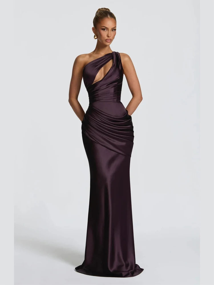 One-shoulder Ruched Satin Maxi Dress Women Elegant Sleeveless Cutout Waist-cinching Flowy Dresses Summer Lady Evening Vestido