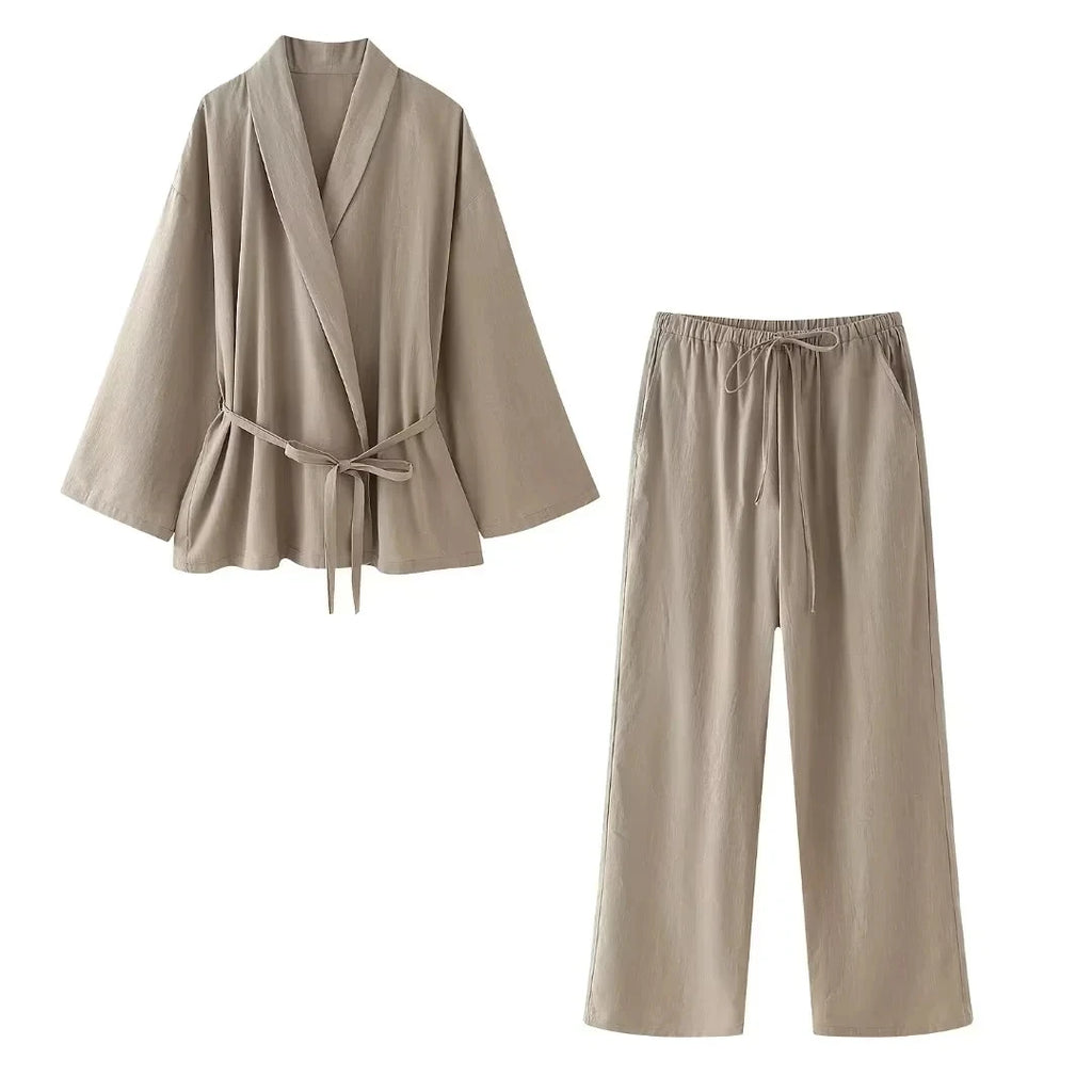Belted Wrap Shirt and Wide-Leg Trouser Set