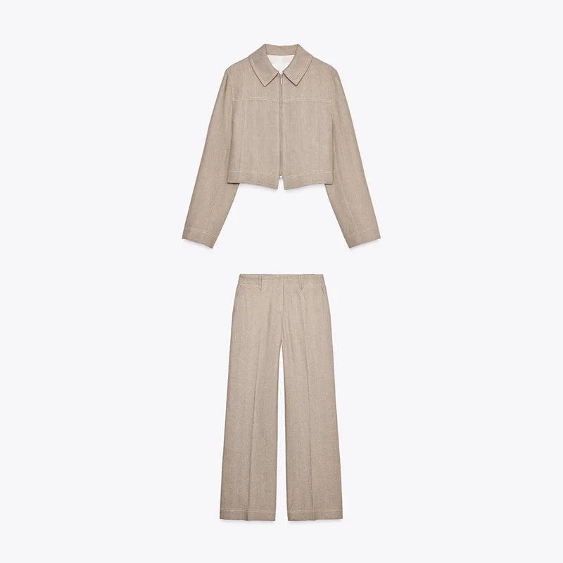 Buttoned Knit Cardigan and Tailored Trousers Co-Ord Set