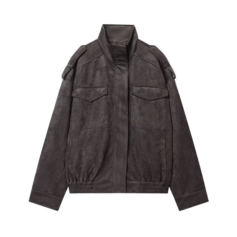 Suede-Effect Oversized Bomber Jacket