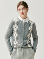 100% Cashmere Sweater Women O-neck Cardigan Autumn Winter Retro Argyle Classic Long Sleeve Soft Cashmere Knitwear Clothing Tops