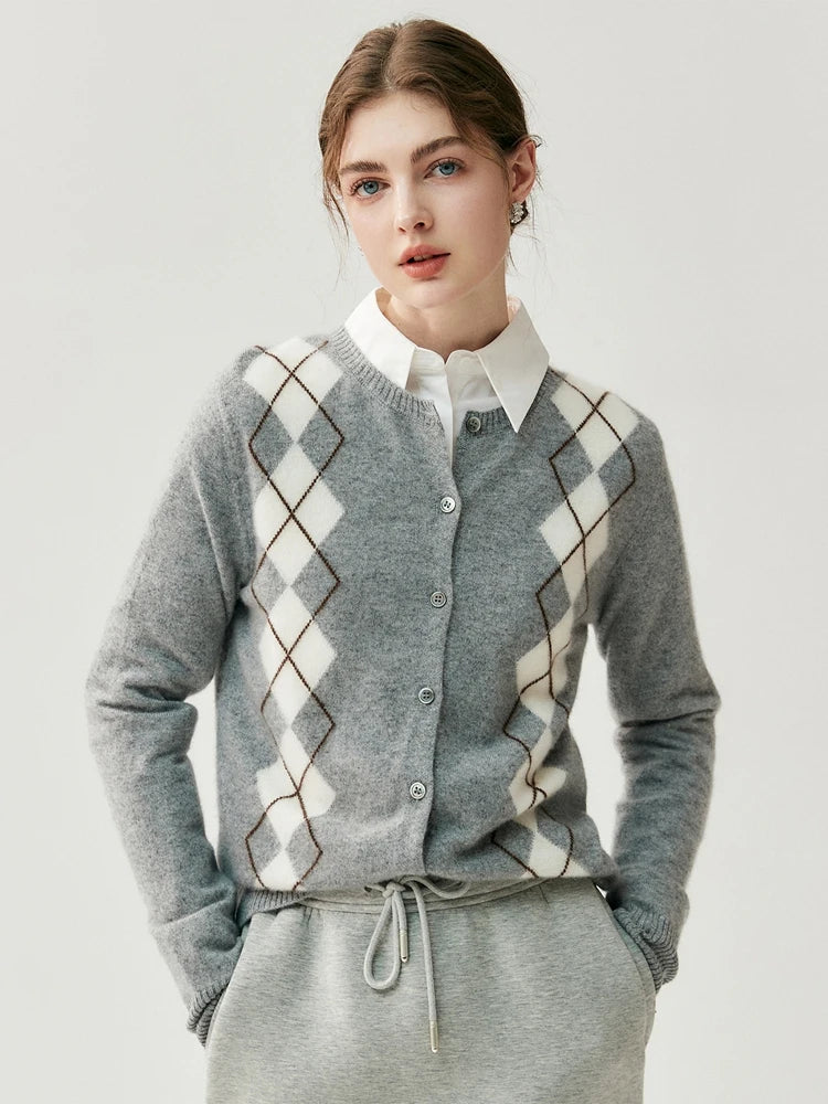100% Cashmere Sweater Women O-neck Cardigan Autumn Winter Retro Argyle Classic Long Sleeve Soft Cashmere Knitwear Clothing Tops