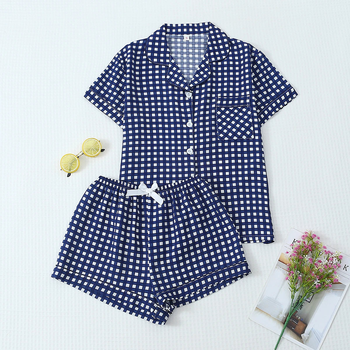Women’s Short Pyjama Set (2-Piece) – Button-Through Short Sleeve Shirt & Tie-Waist Shorts
