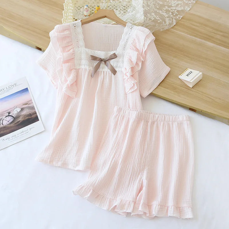 Women’s Short Pyjama Set (2-Piece) – Ruffle-Trim Top with Bow Detail & Elasticated Waist Shorts