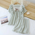 Women’s Short Pyjama Set (2-Piece) – Ruffle-Trim Top with Bow Detail & Elasticated Waist Shorts