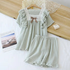 Women’s Short Pyjama Set (2-Piece) – Ruffle-Trim Top with Bow Detail & Elasticated Waist Shorts