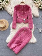 Pink Bouclé Tweed Jacket & Midi Skirt Co-Ord Set