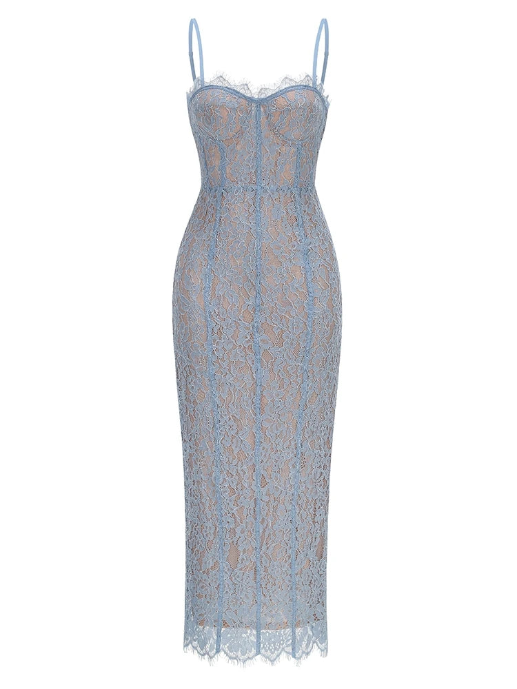 Corset-Detail Cami Midi Dress in Structured Floral Lace