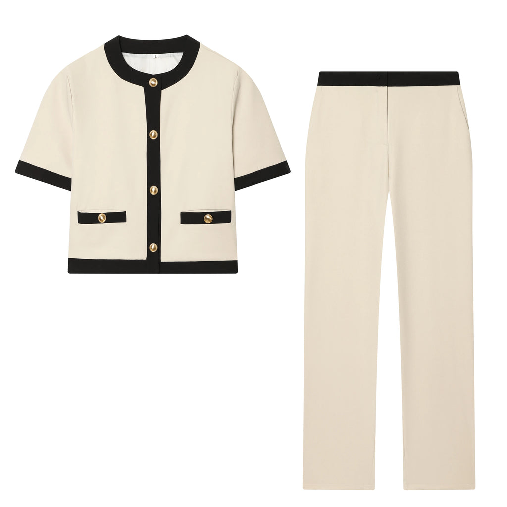 Contrast-Trim Knit Jacket & Straight-Leg Trousers Co-Ord Set
