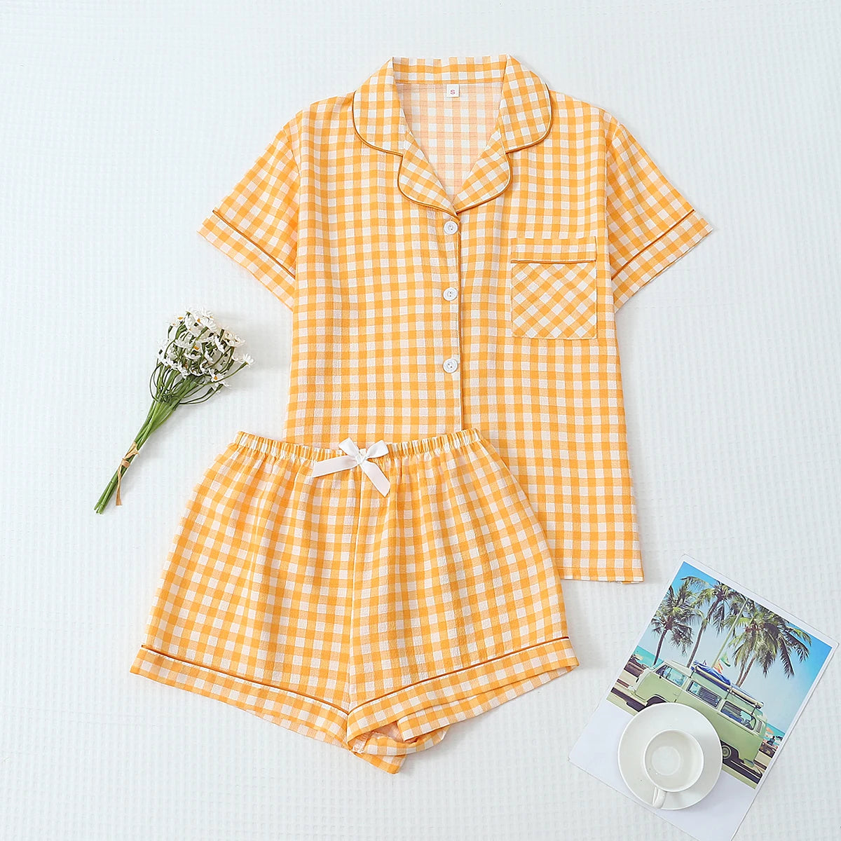 Women’s Short Pyjama Set (2-Piece) – Button-Through Short Sleeve Shirt & Tie-Waist Shorts