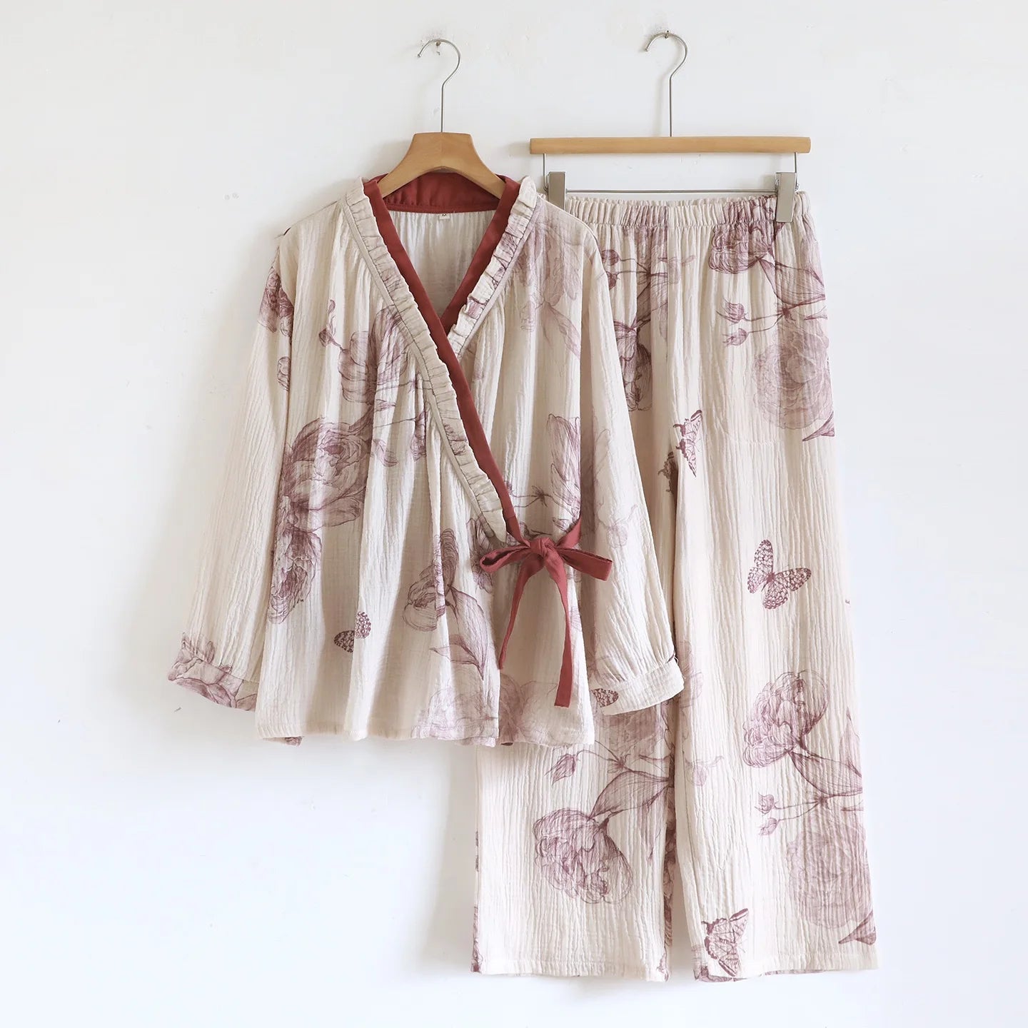 Women’s Wrap Pyjama Set – Kimono-Style Top & Full-Length Trousers