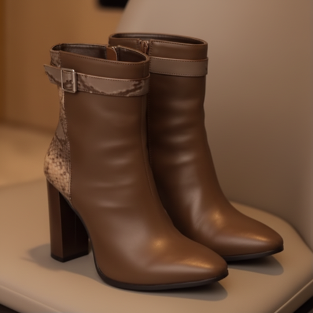 Ankle Boots Snakeskin-Trim Block Heel