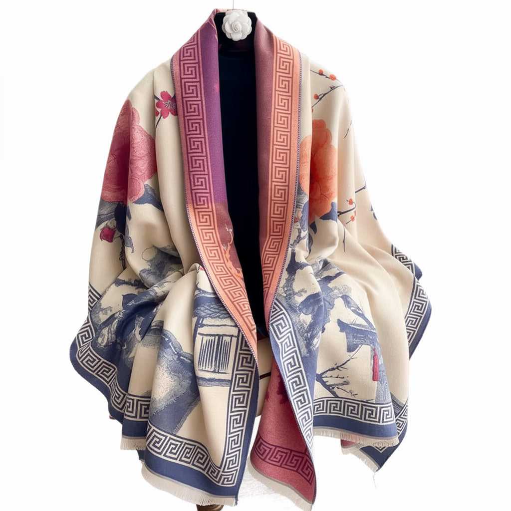 Oversized reversible printed shawl/blanket scarf with fringed hem