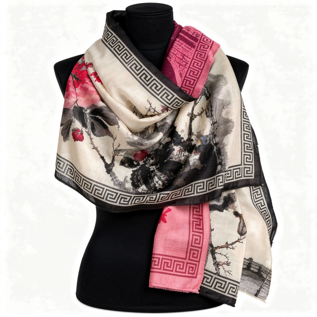 Oversized reversible printed shawl/blanket scarf with fringed hem